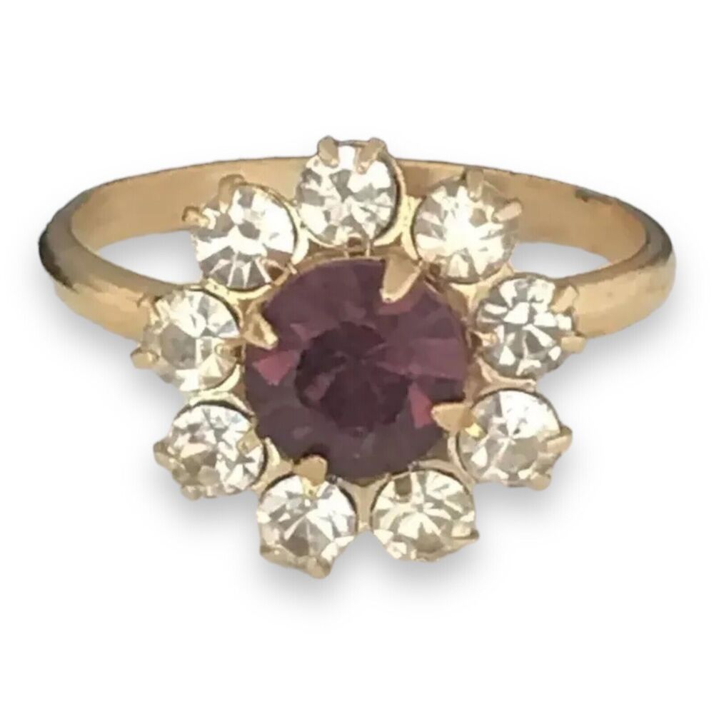 Vintage 1960s Floral Ring Gold Tone Purple Rhinestone Crystals Mid Century - 4X